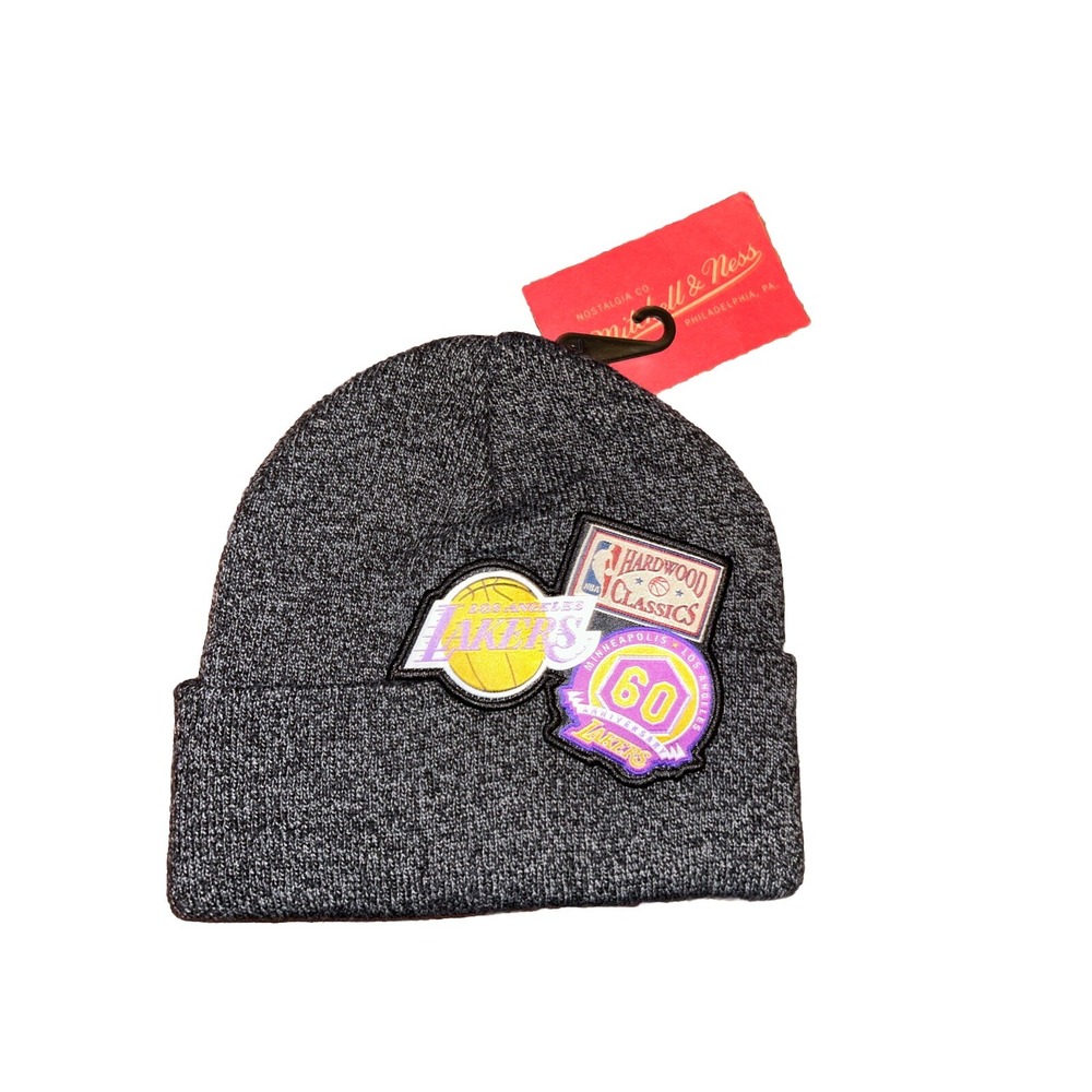 Mitchell & Ness Los Angeles Lakers NBA Patch Knit Cuffed‎ Beanie Hat Gray- NWT